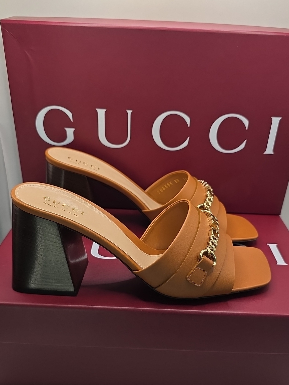 Gucci Cognac Leather Chain-Detail Block Heel Mules